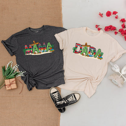 My First Fiesta Birthday Family Matching Outfits with Vibrant Mexican Cacti Pinata Stripe Design Baby One Mama Dada Brother Shirts