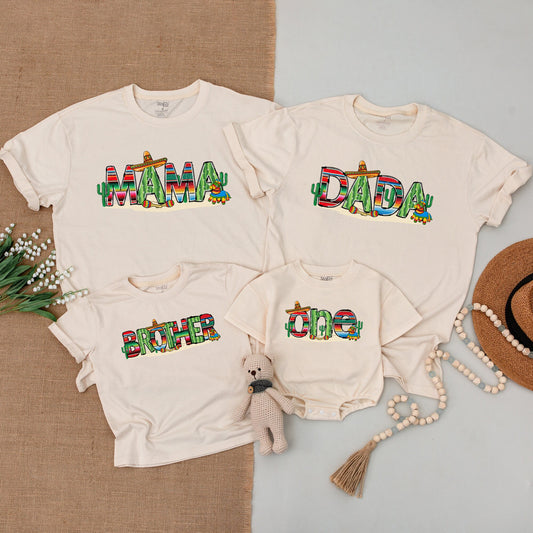 My First Fiesta Birthday Family Matching Outfits with Vibrant Mexican Cacti Pinata Stripe Design Baby One Mama Dada Brother Shirts