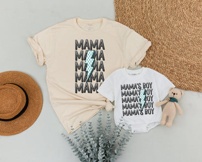 Mama and Mama's Boy Matching Outfits Featuring a Checkered Lightning Bolt Design Modern Mom Son Tee Set Playful Family Baby Shower Gift