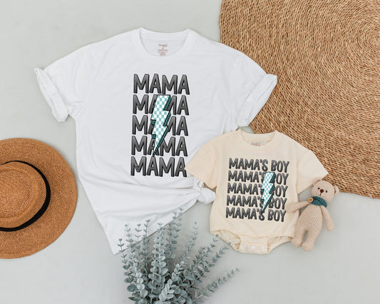 Mama and Mama's Boy Matching Outfits Featuring a Checkered Lightning Bolt Design Modern Mom Son Tee Set Playful Family Baby Shower Gift