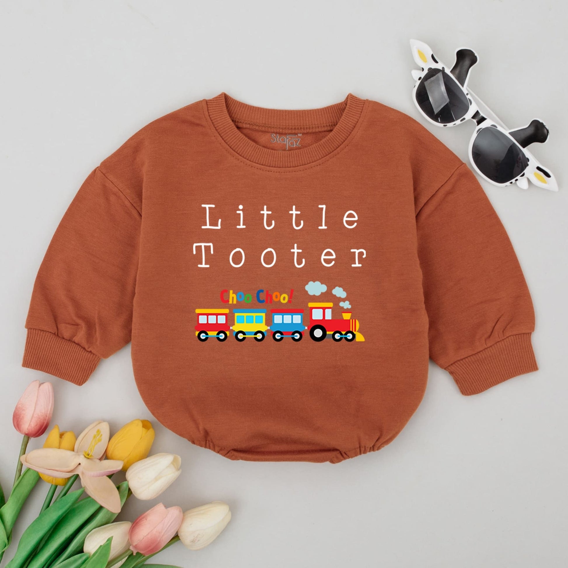 Little Tooter Train Baby Romper Choo Choo Colorful Minimalist Design Infant Outfit Newborn Shower Gift Gender Neutral Boy Girl Bodysuit