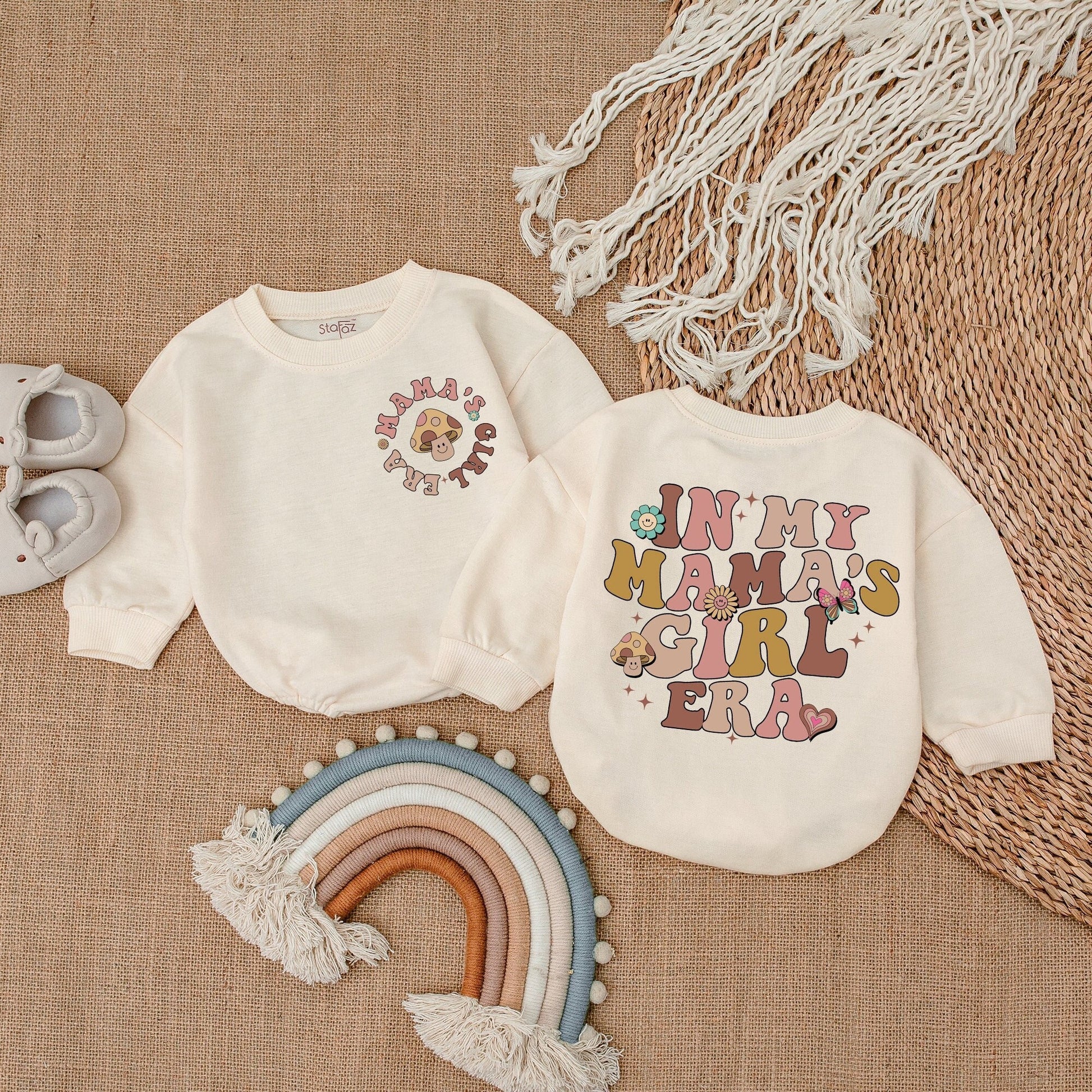 Mama's Girl Era Retro Baby Girl Romper, Groovy 70s Pastel Mushroom Flower Butterfly Heart Design Bodysuit Outfit Comfortable Cotton Gift