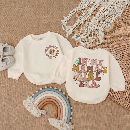 Mama's Girl Era Retro Baby Girl Romper, Groovy 70s Pastel Mushroom Flower Butterfly Heart Design Bodysuit Outfit Comfortable Cotton Gift
