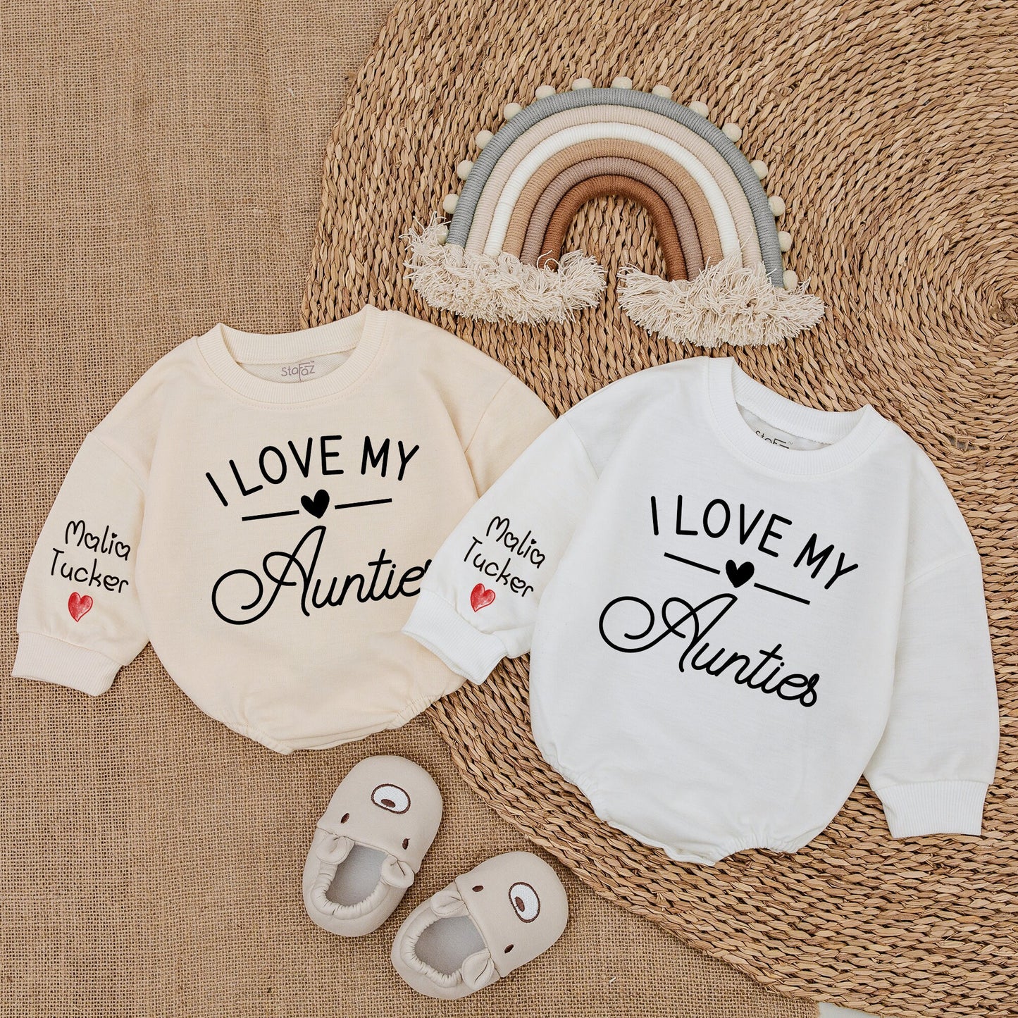 Personalized I Love My Aunties Baby Romper Malia Tucker Name Minimalist Heart Design Unisex Gender Neutral Little Bee Shower Gift