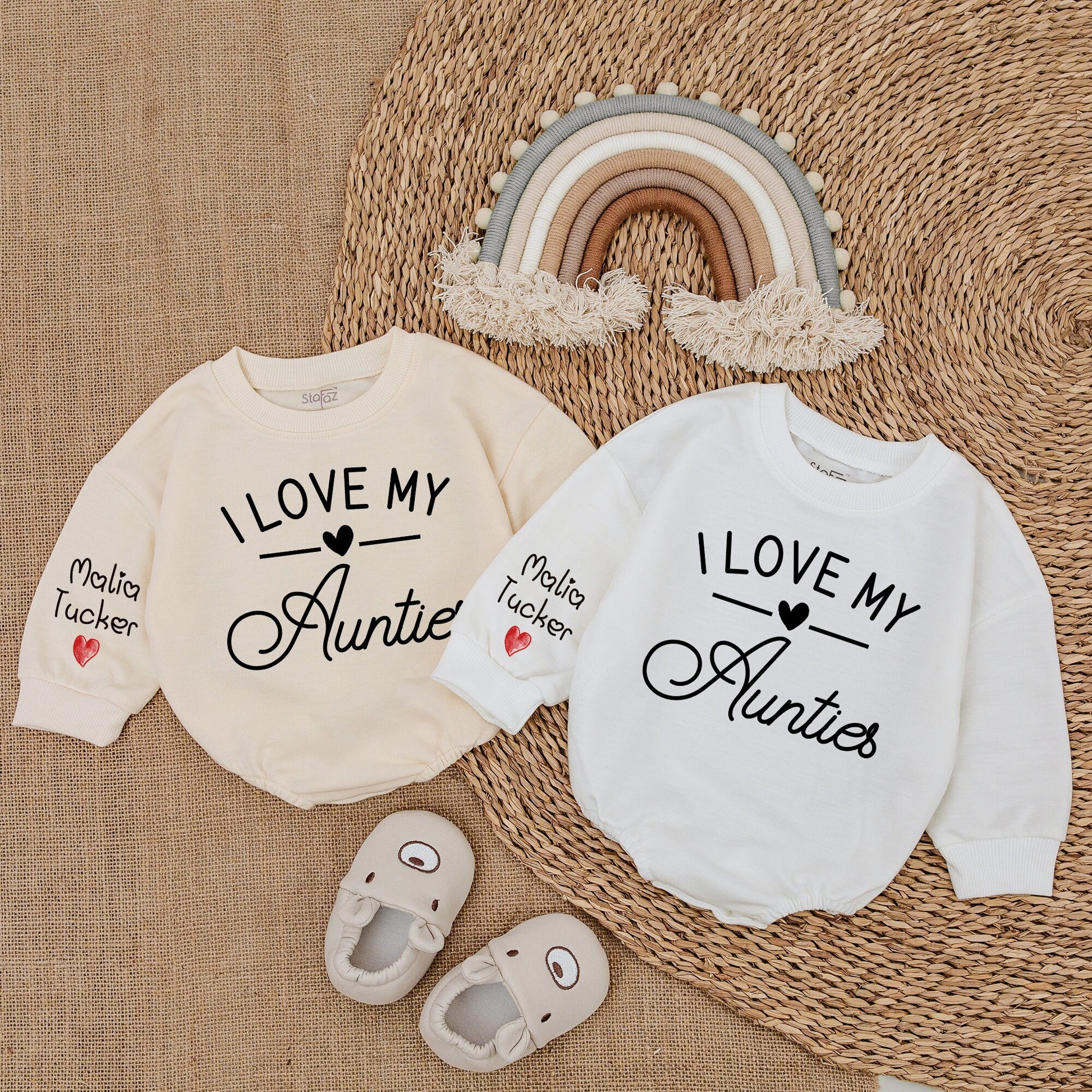 Personalized I Love My Aunties Baby Romper Malia Tucker Name Minimalist Heart Design Unisex Gender Neutral Little Bee Shower Gift