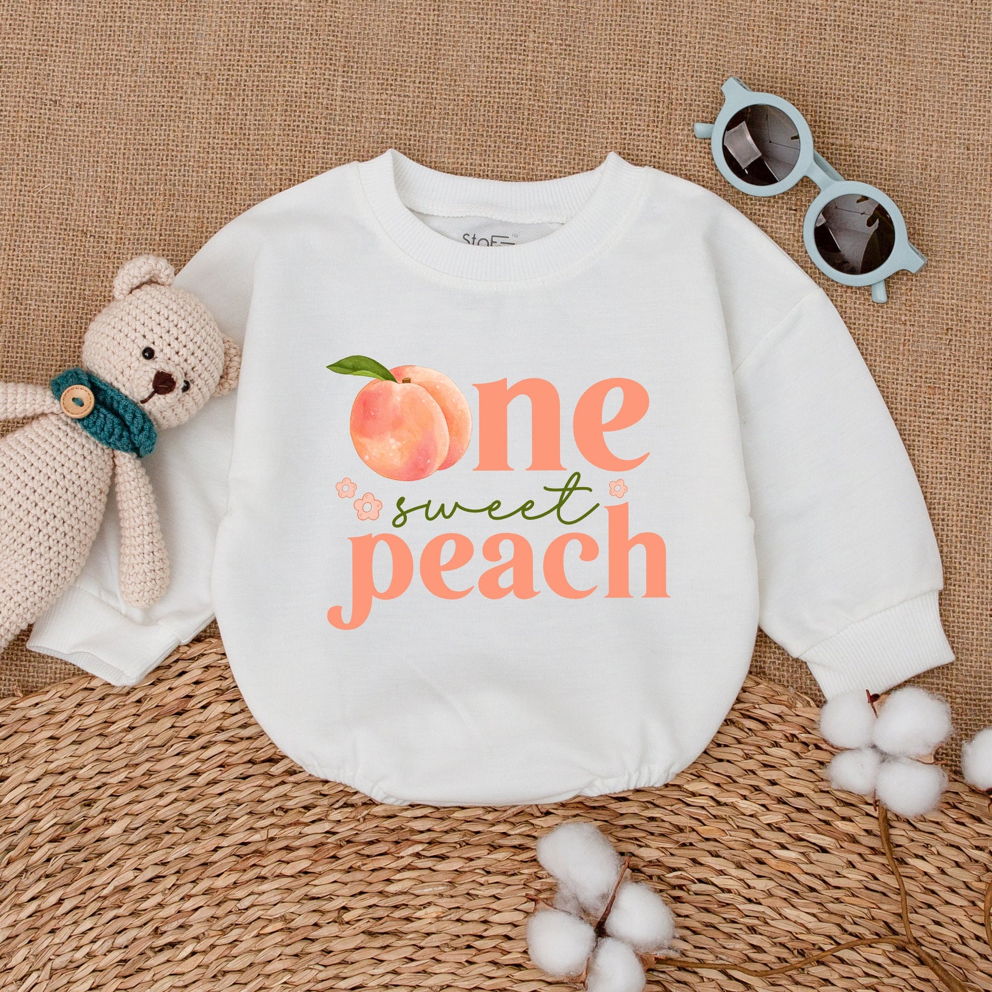 One Sweet Peach Baby Girl Romper First Birthday Outfit with Cute Watercolor Peach & Floral Design Soft Cotton Smash Cake Bodysuit
