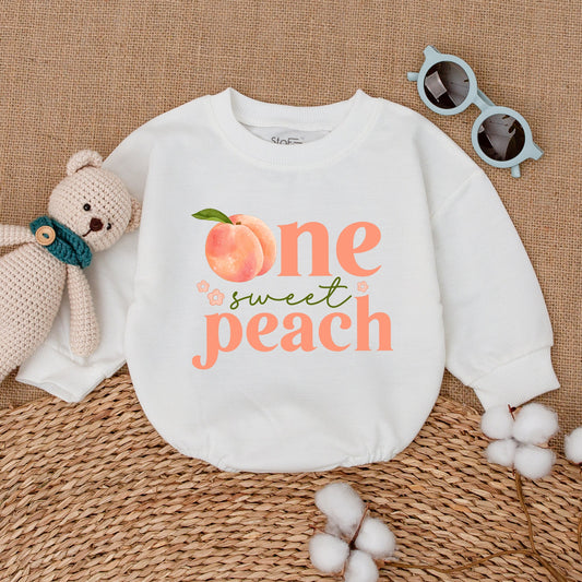 One Sweet Peach Baby Girl Romper First Birthday Outfit with Cute Watercolor Peach & Floral Design Soft Cotton Smash Cake Bodysuit