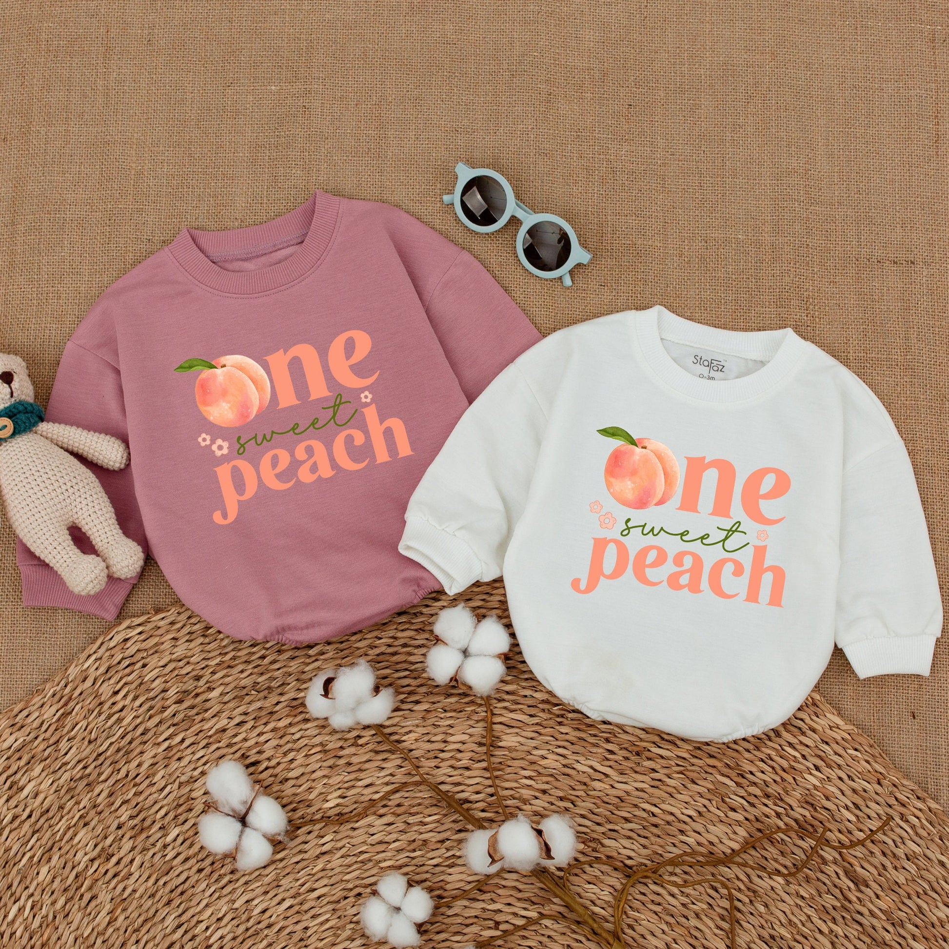 One Sweet Peach Baby Girl Romper First Birthday Outfit with Cute Watercolor Peach & Floral Design Soft Cotton Smash Cake Bodysuit