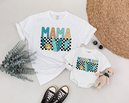 Personalized Retro Boy Mama and Son Matching Outfit Vintage 90s Checkered Skateboard Lightning Bolt Baby Shower Gift Soft Cotton Tee