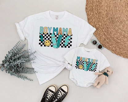 Personalized Retro Boy Mama and Son Matching Outfit Vintage 90s Checkered Skateboard Lightning Bolt Baby Shower Gift Soft Cotton Tee