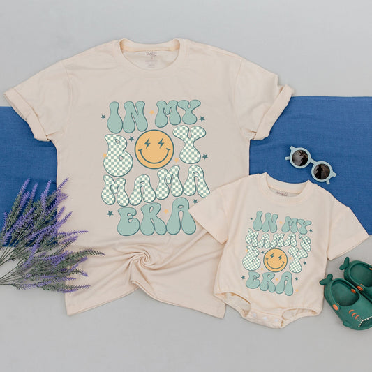 Matching Retro In My Boy Mama Era Shirt with Mamas Boy Era Design, Playful Checkerboard Mama Tee Lightning Star Vintage Gift New Boy Mama