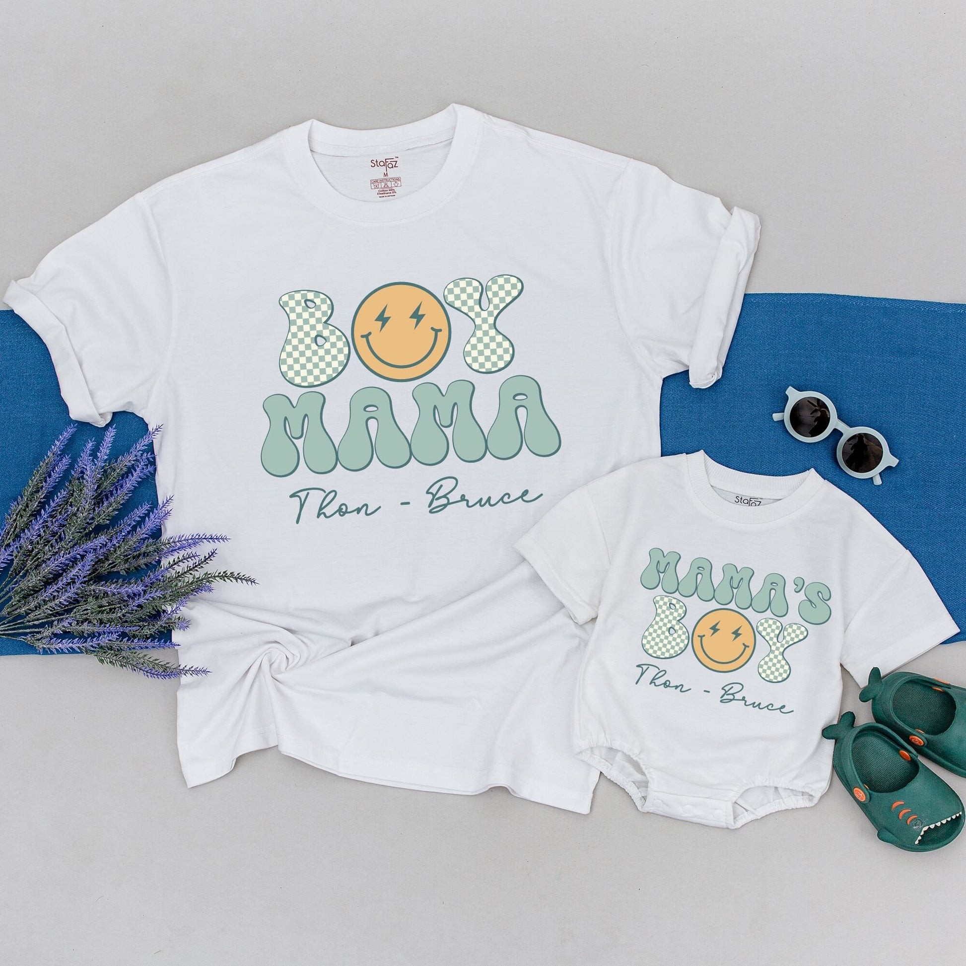 Personalized Retro Mama and Son Matching Shirts Boy Mama Checkered Smiley Face Design Light Blue Yellow New Mom Baby Shower Gift