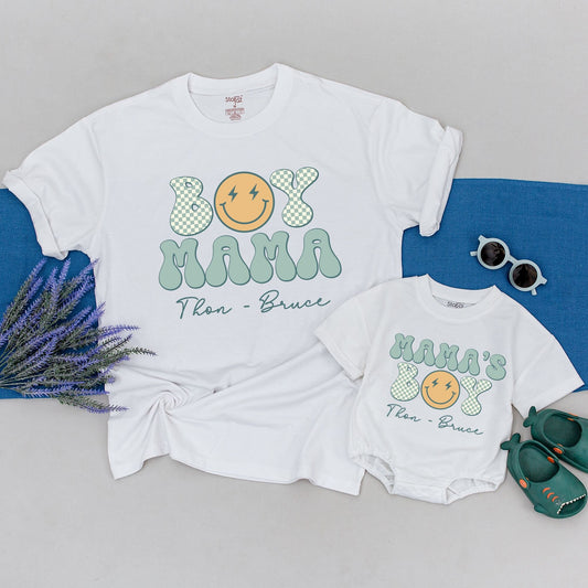 Personalized Retro Mama and Son Matching Shirts Boy Mama Checkered Smiley Face Design Light Blue Yellow New Mom Baby Shower Gift