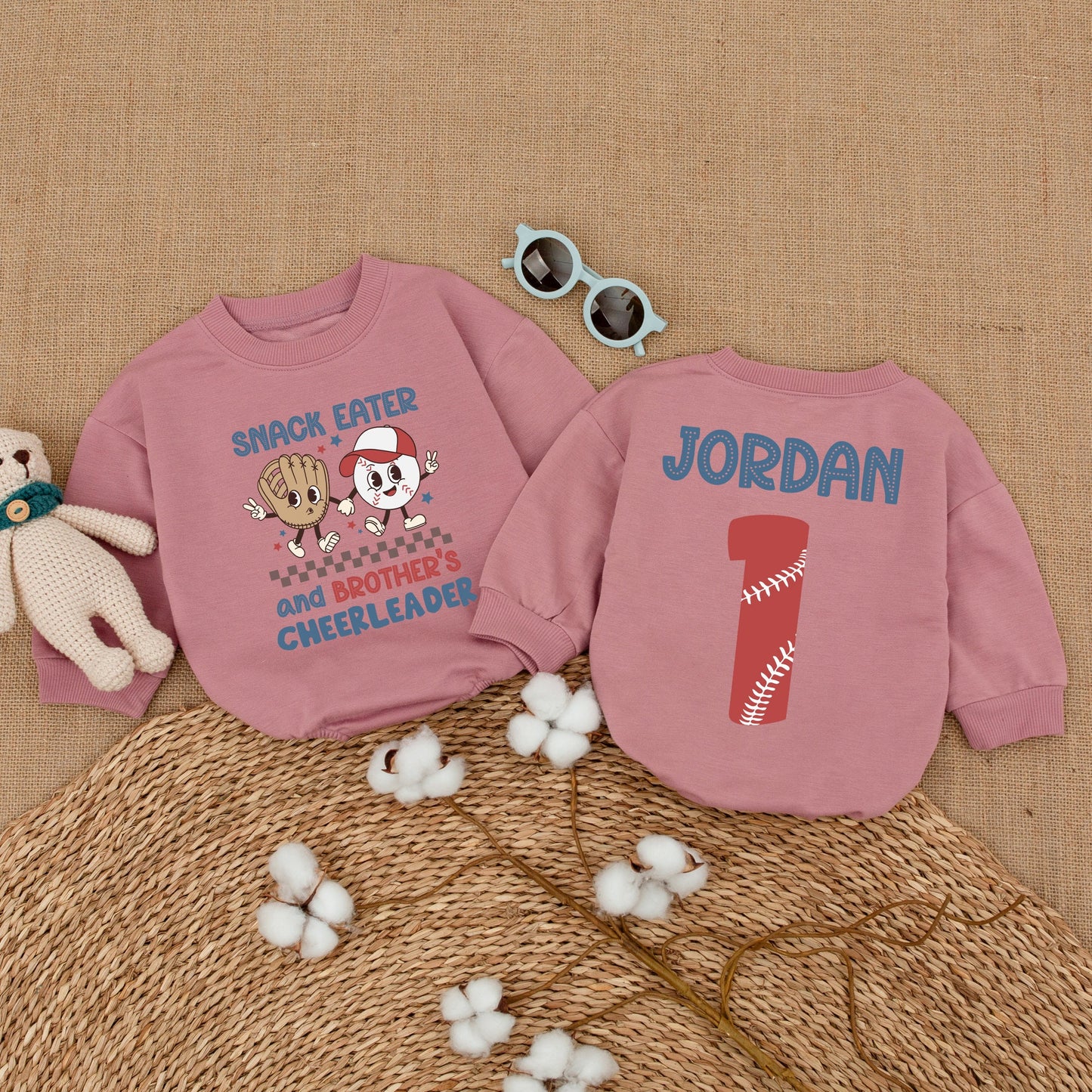 Personalized Baseball Snack Eater Brother's Cheerleader Baby Romper & Jordan 1 Sibling Bodysuit in Playful Blue Red Tan Colors for Game Day Baby Gift