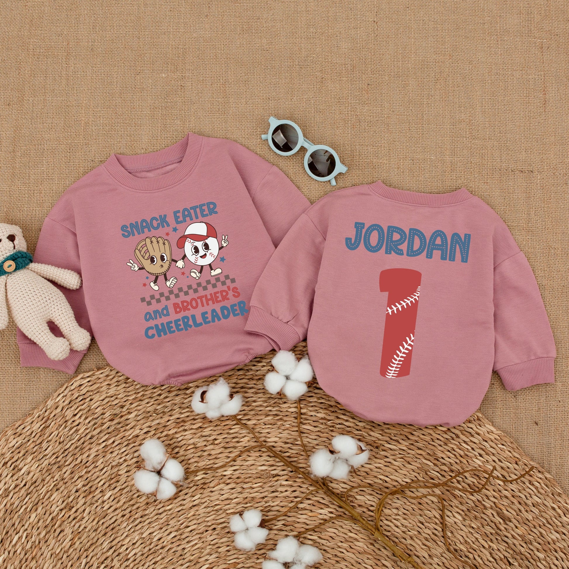 Personalized Baseball Snack Eater Brother's Cheerleader Baby Romper & Jordan 1 Sibling Bodysuit in Playful Blue Red Tan Colors for Game Day Baby Gift