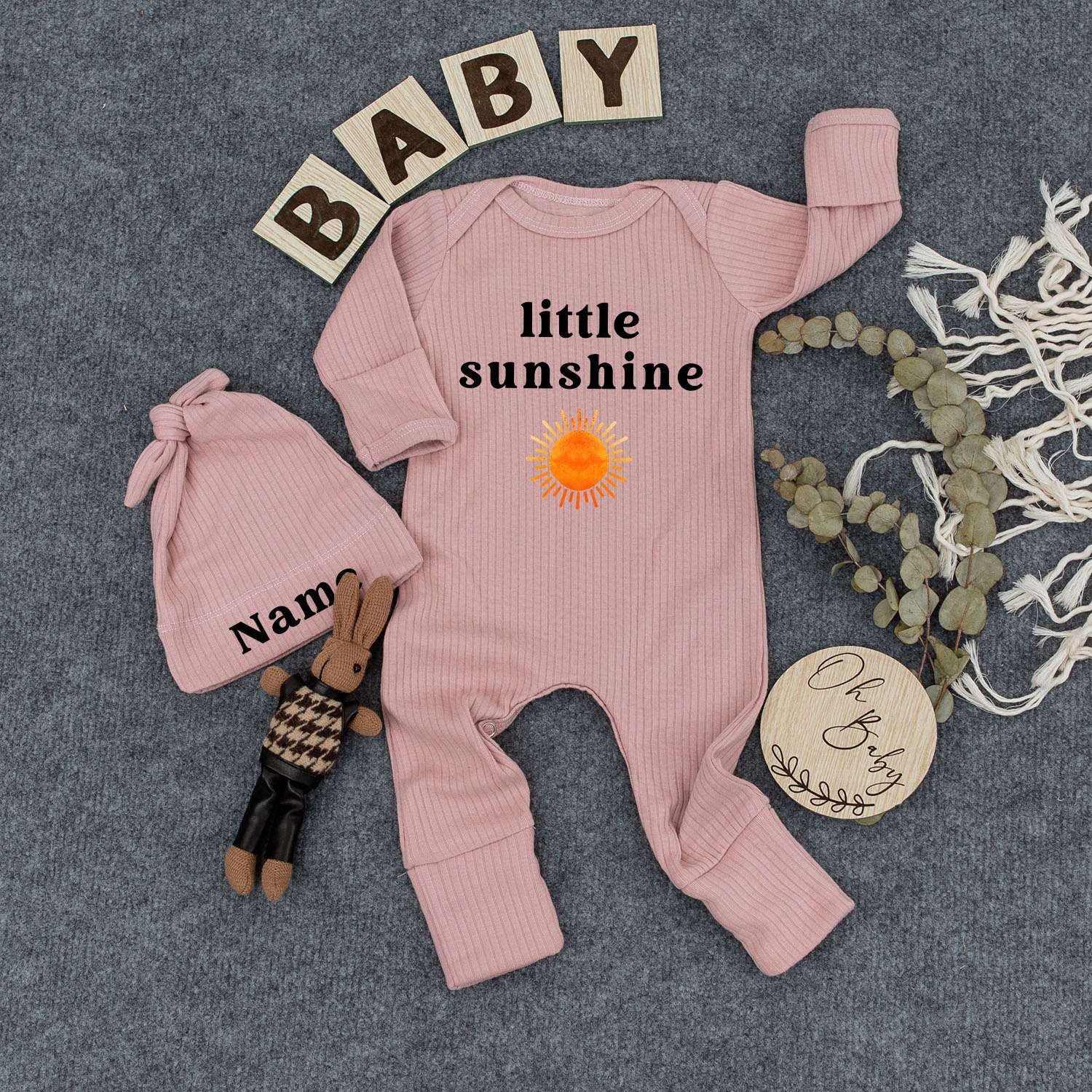 Personalized Little Sunshine Baby Bodysuit Hat Set Newborn Boy New Mom Gift Modern Minimalist Boho Infant Outfit with Orange Yellow Sun Design