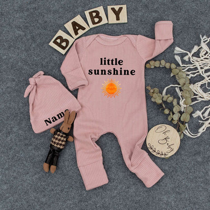 Personalized Little Sunshine Baby Bodysuit Hat Set Newborn Boy New Mom Gift Modern Minimalist Boho Infant Outfit with Orange Yellow Sun Design