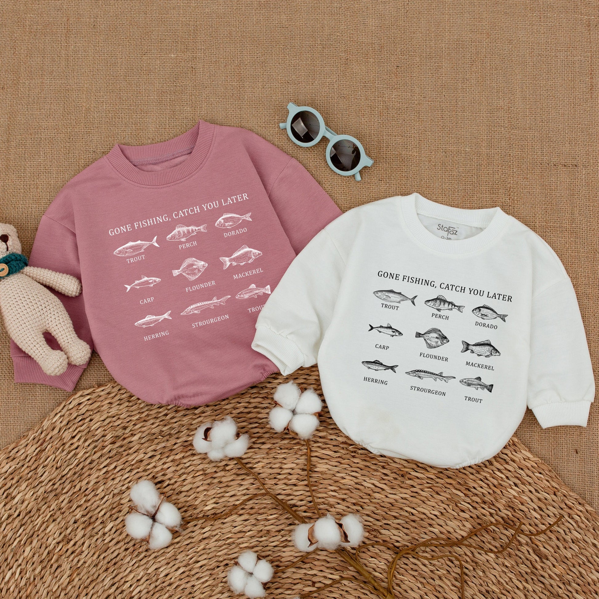 Gone Fishing Catch You Later Black & White Fish Print Baby Romper featuring vintage style fish illustrations adorable newborn bodysuit gift