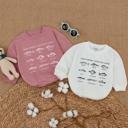 Gone Fishing Catch You Later Black & White Fish Print Baby Romper featuring vintage style fish illustrations adorable newborn bodysuit gift