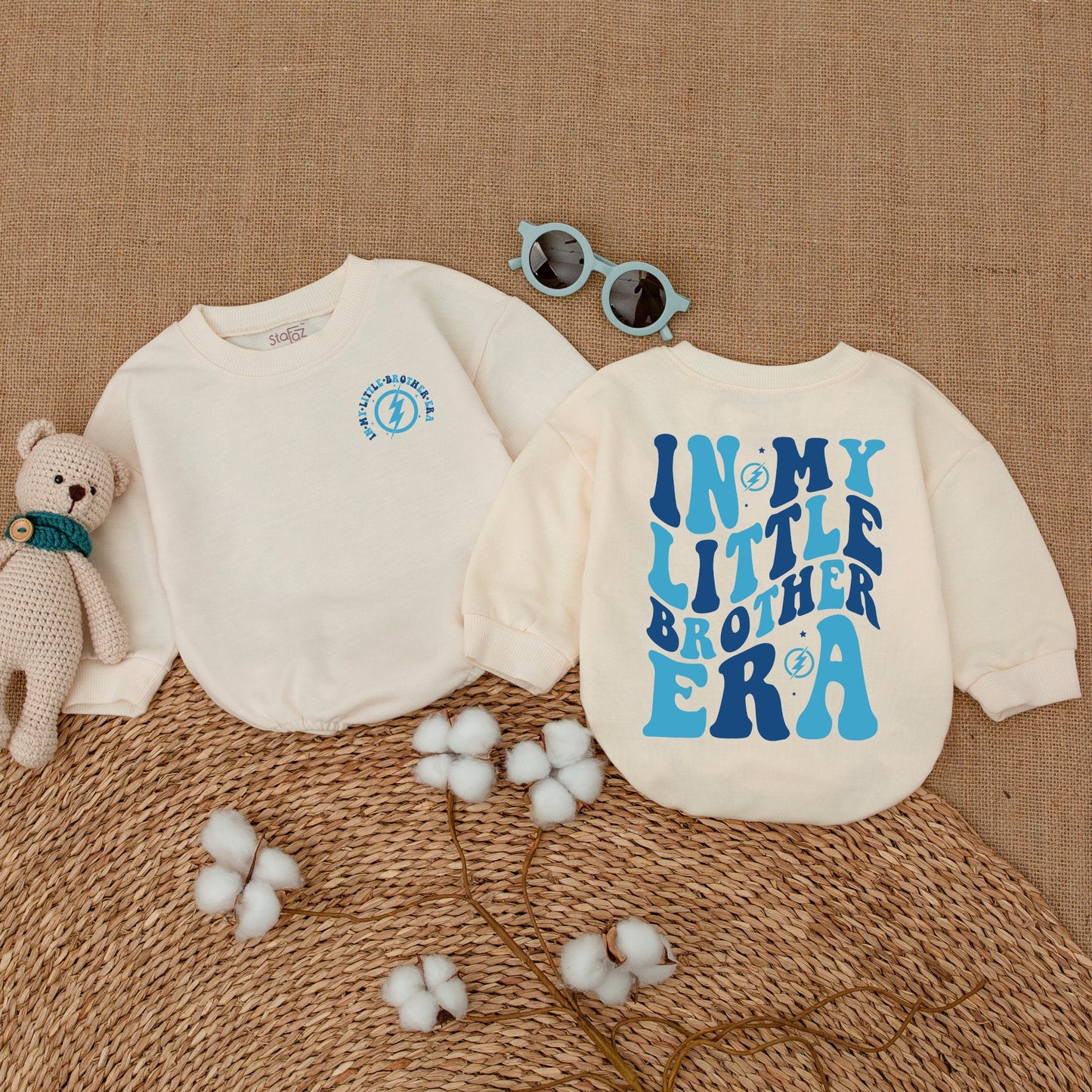 In My Little Brother Era Romper Baby Boy Retro Wavy Blue Text Star Bodysuit Newborn Bubble Outfit Lil Brother Shower Gift
