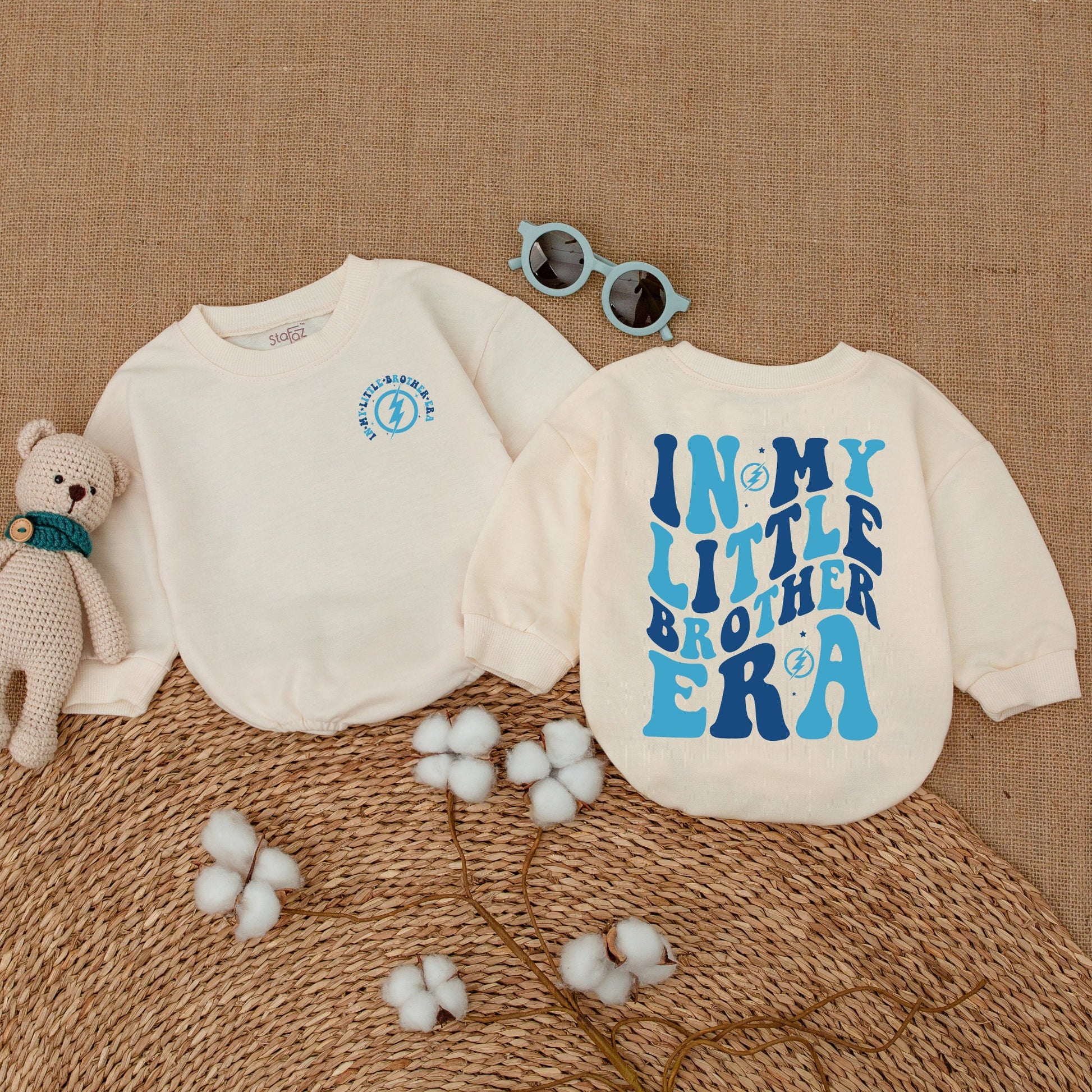 In My Little Brother Era Romper Baby Boy Retro Wavy Blue Text Star Bodysuit Newborn Bubble Outfit Lil Brother Shower Gift