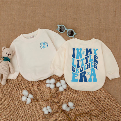 In My Little Brother Era Romper Baby Boy Retro Wavy Blue Text Star Bodysuit Newborn Bubble Outfit Lil Brother Shower Gift