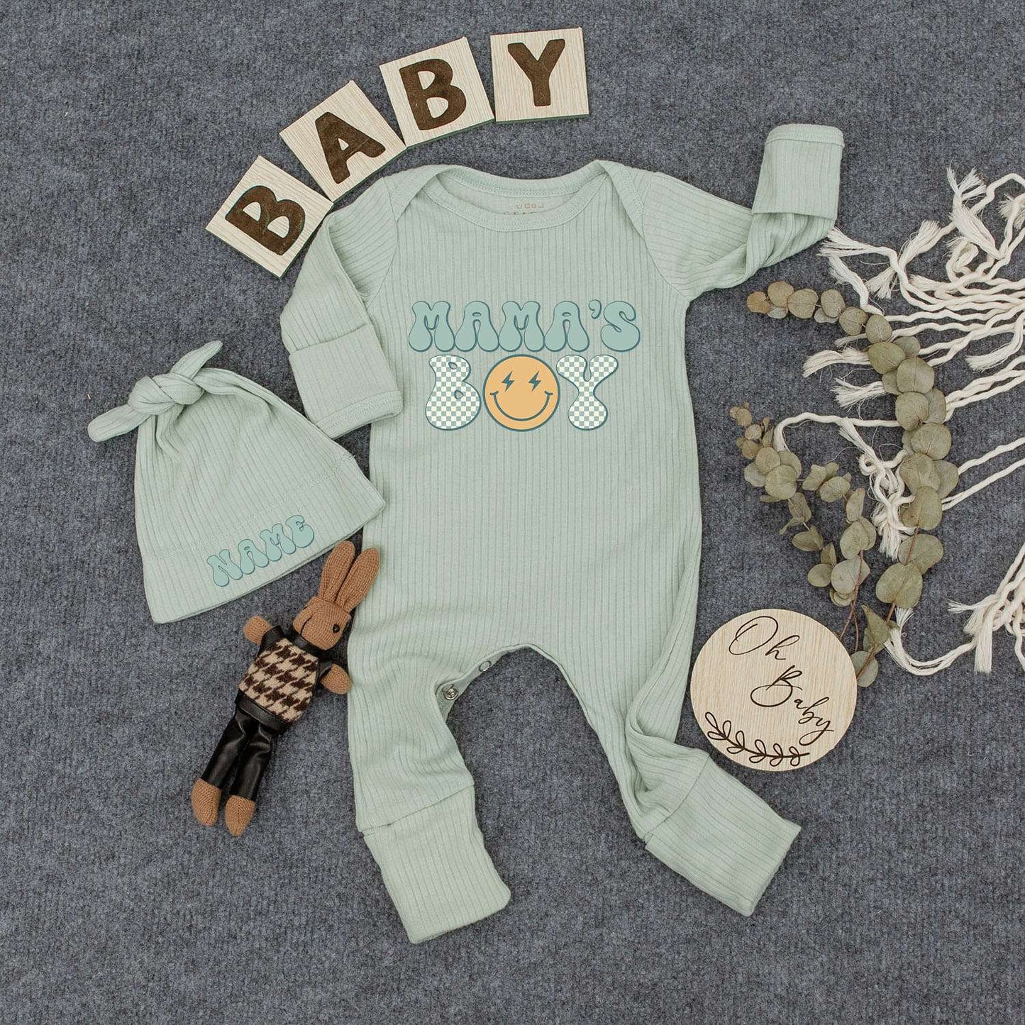 Personalized Mama's Boy Retro Baby Bodysuit Hat Set Blue Green Checkerboard Smiley Face Lightning Eyes Newborn Outfit