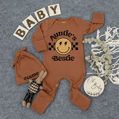 Personalized Auntie's Bestie Baby Romper and Hat Set featuring Smiley Face Lightning Bolts Checkered Pattern Newborn Outfit Gift for Boy Girl