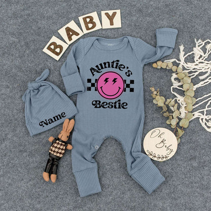 Auntie's Bestie Custom Newborn Girl Bodysuit & Hat Set with Pink Smiley Face Lightning Eyes Checkered Retro Cute Playful Baby Shower Gift Outfit