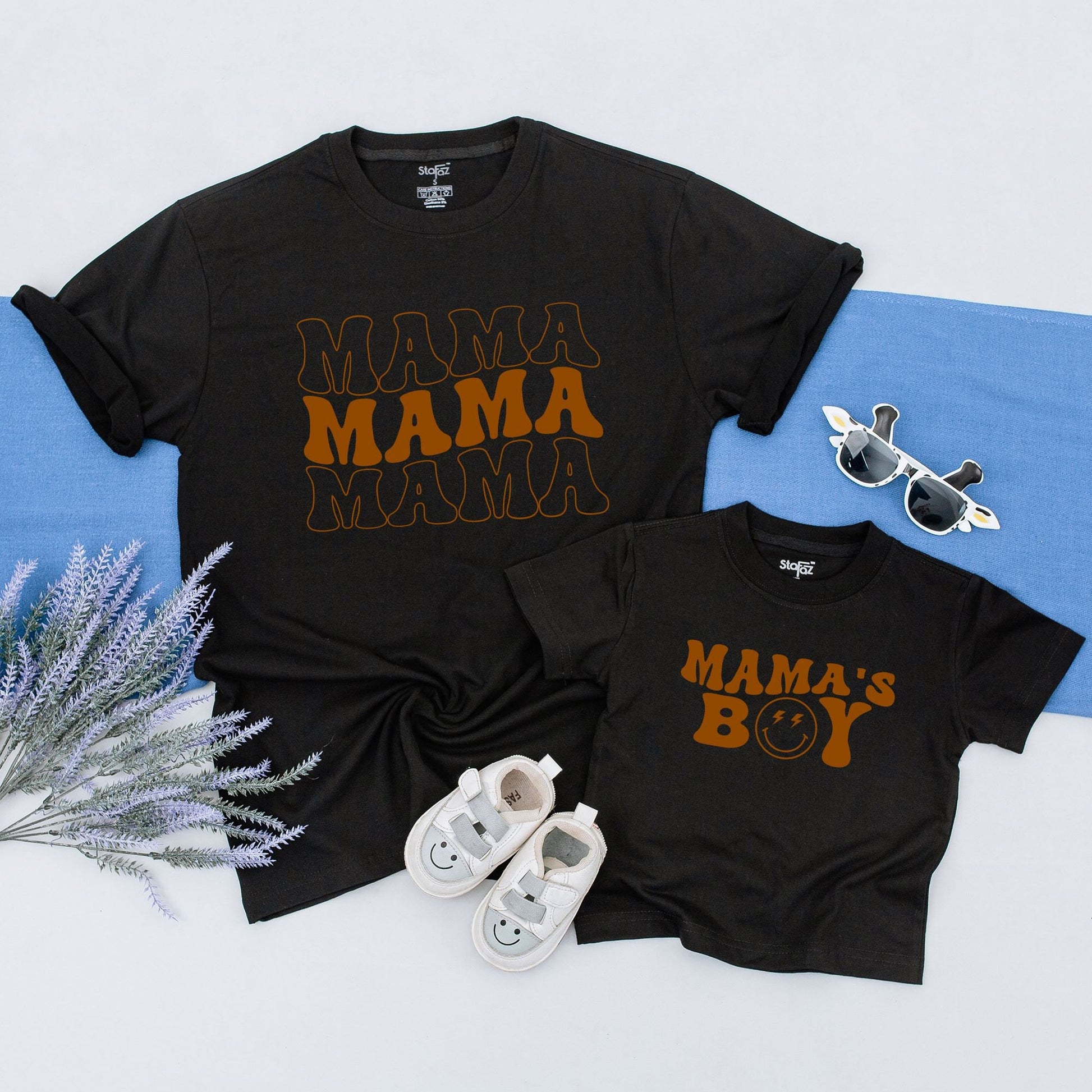 Mommy and Me Retro Mama's Boy Shirts for Mom and Son, Vintage Style Warm Brown Puffed Font Tees with Smiley Lightning Eyes, Neutral Baby Shower Gift