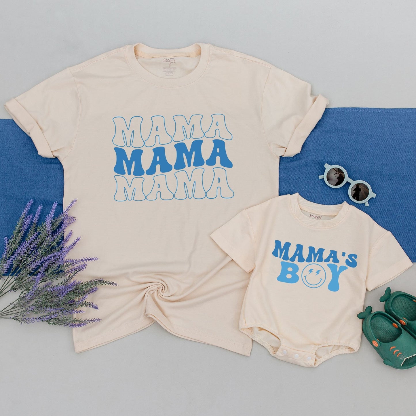 Matching Mama and Son Retro Blue Bubbly Shirt Set with Smiley Face Lightning Bolt Design Toddler Boy Neutral Baby Shower Gift