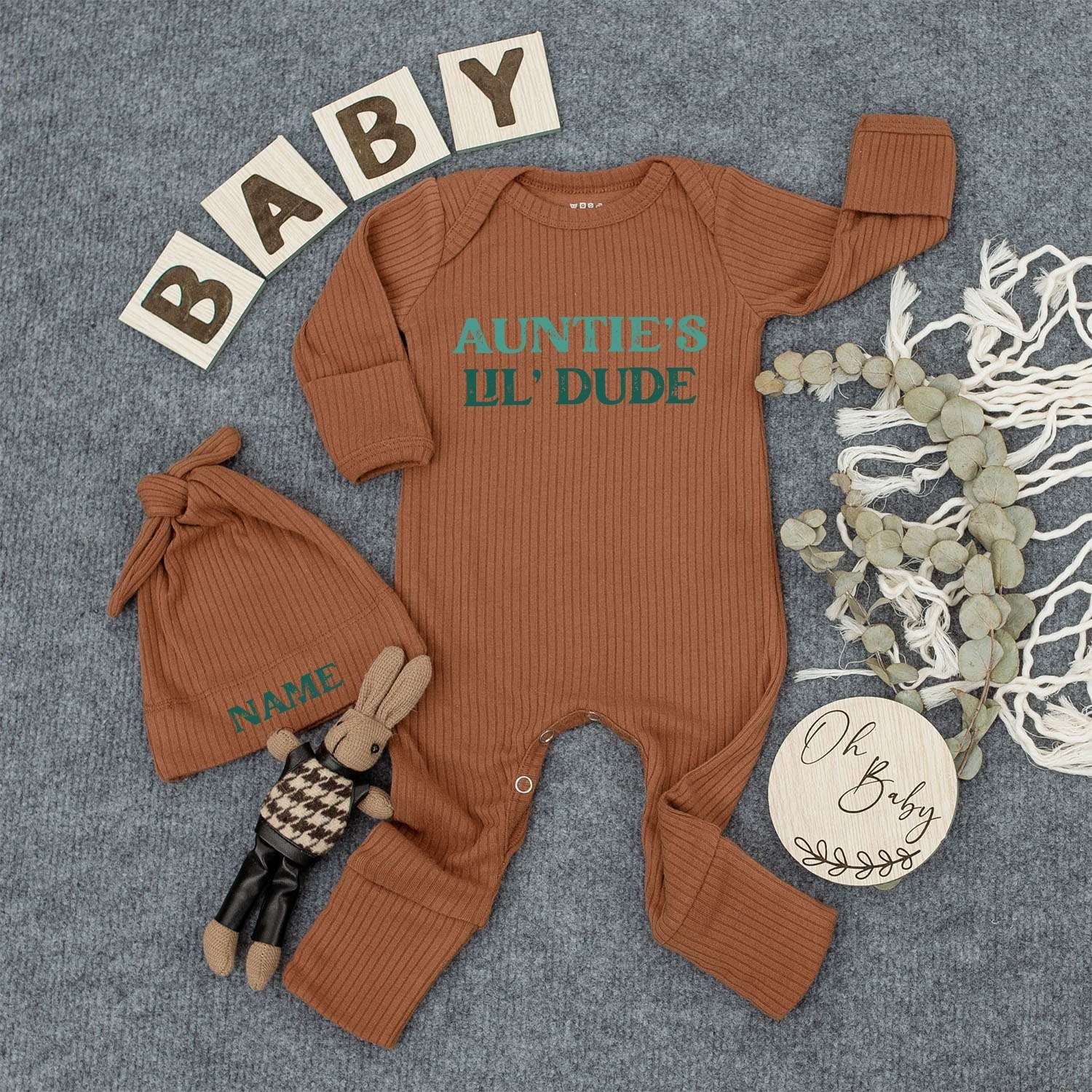 Personalized Auntie's Lil' Dude Baby Bodysuit Hat Set with Custom Name Cap Blue-Green Modern Font Gender Neutral Newborn Infant Outfit for Baby Shower Gift Going Home