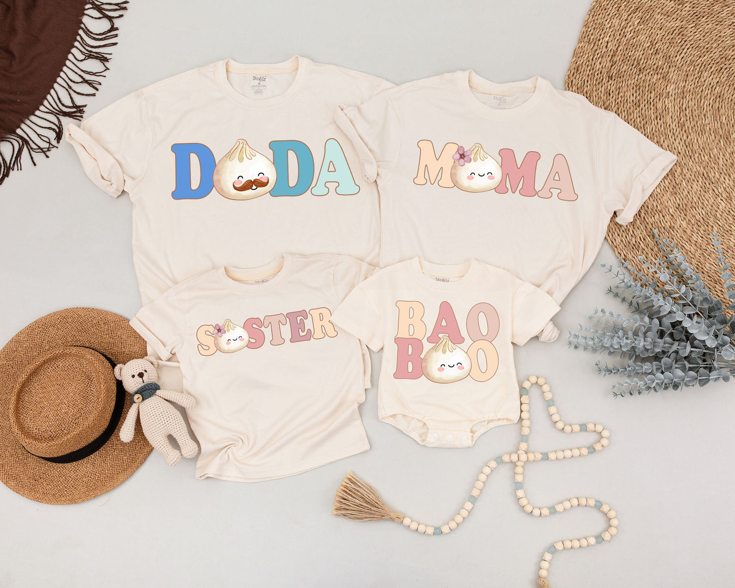 Custom Name Baby Bao Matching Shirts Little Dumpling Outfit Pregnancy Reveal Newborn Coming Home Baby Shower Gift Family Retro Pastel Design