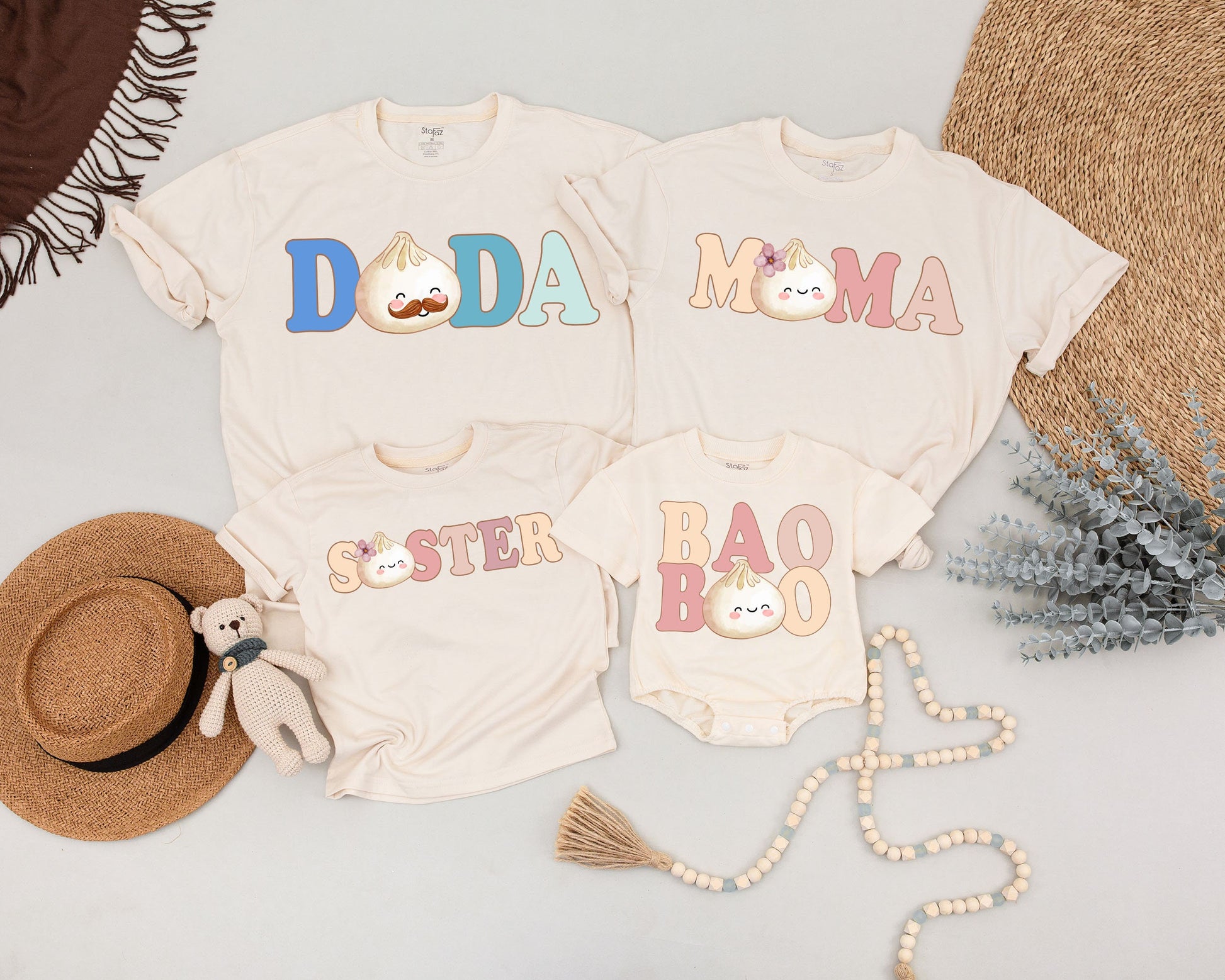 Custom Name Baby Bao Matching Shirts Little Dumpling Outfit Pregnancy Reveal Newborn Coming Home Baby Shower Gift Family Retro Pastel Design