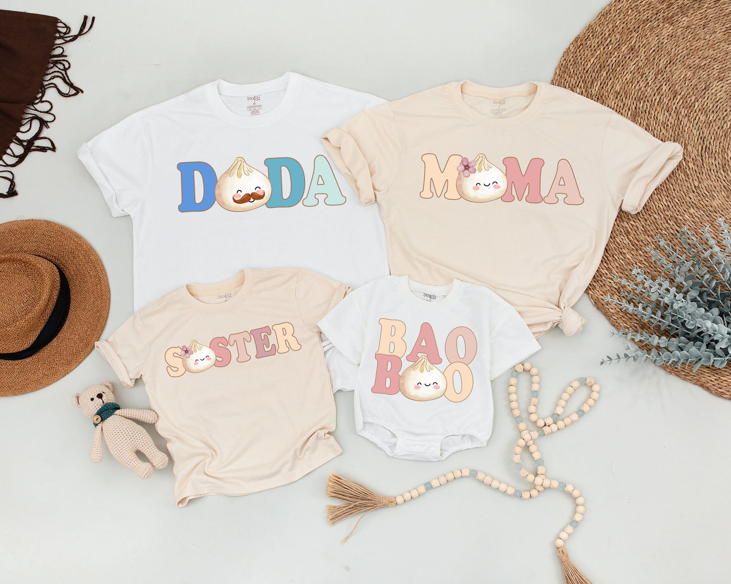 Custom Name Baby Bao Matching Shirts Little Dumpling Outfit Pregnancy Reveal Newborn Coming Home Baby Shower Gift Family Retro Pastel Design