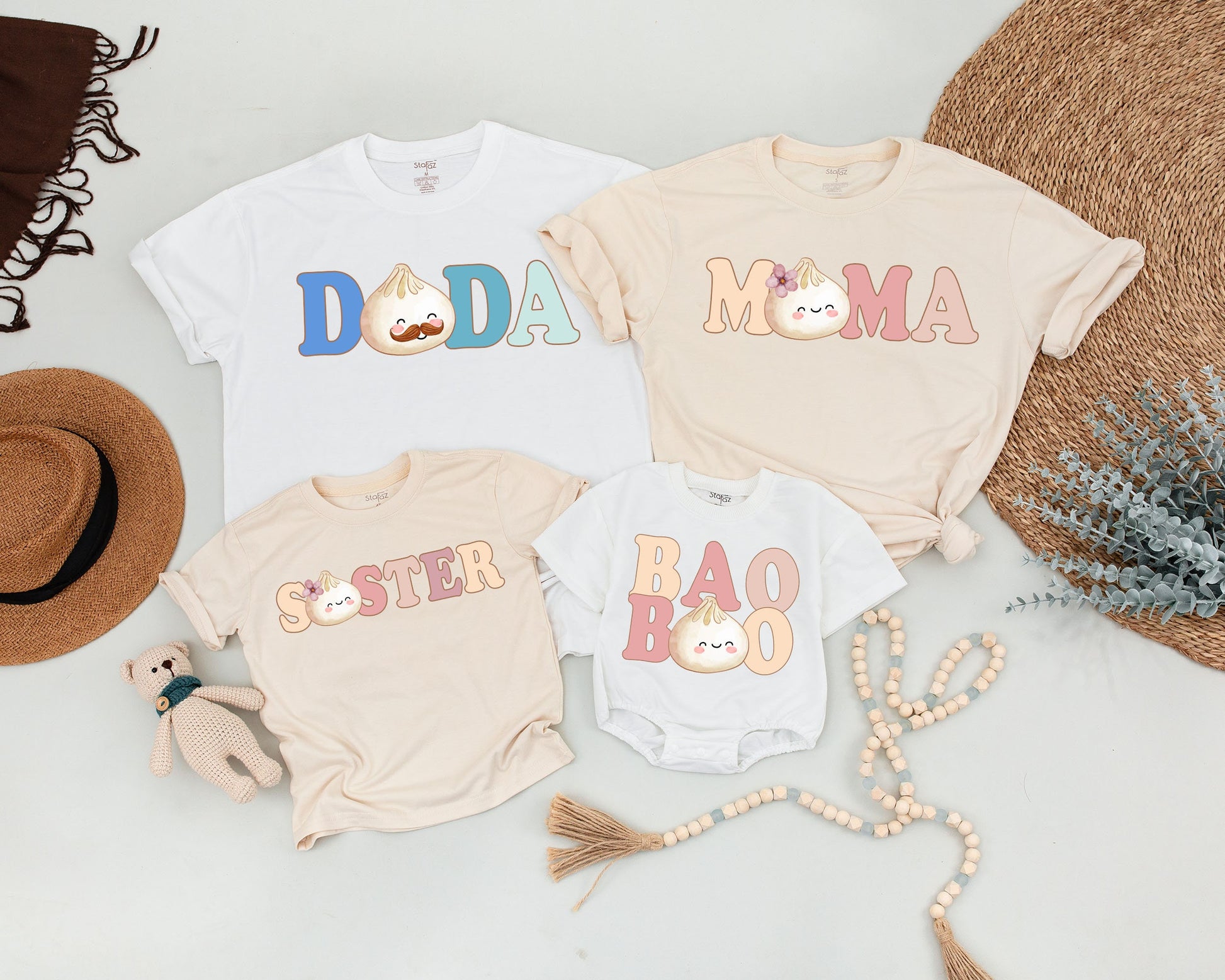 Custom Name Baby Bao Matching Shirts Little Dumpling Outfit Pregnancy Reveal Newborn Coming Home Baby Shower Gift Family Retro Pastel Design