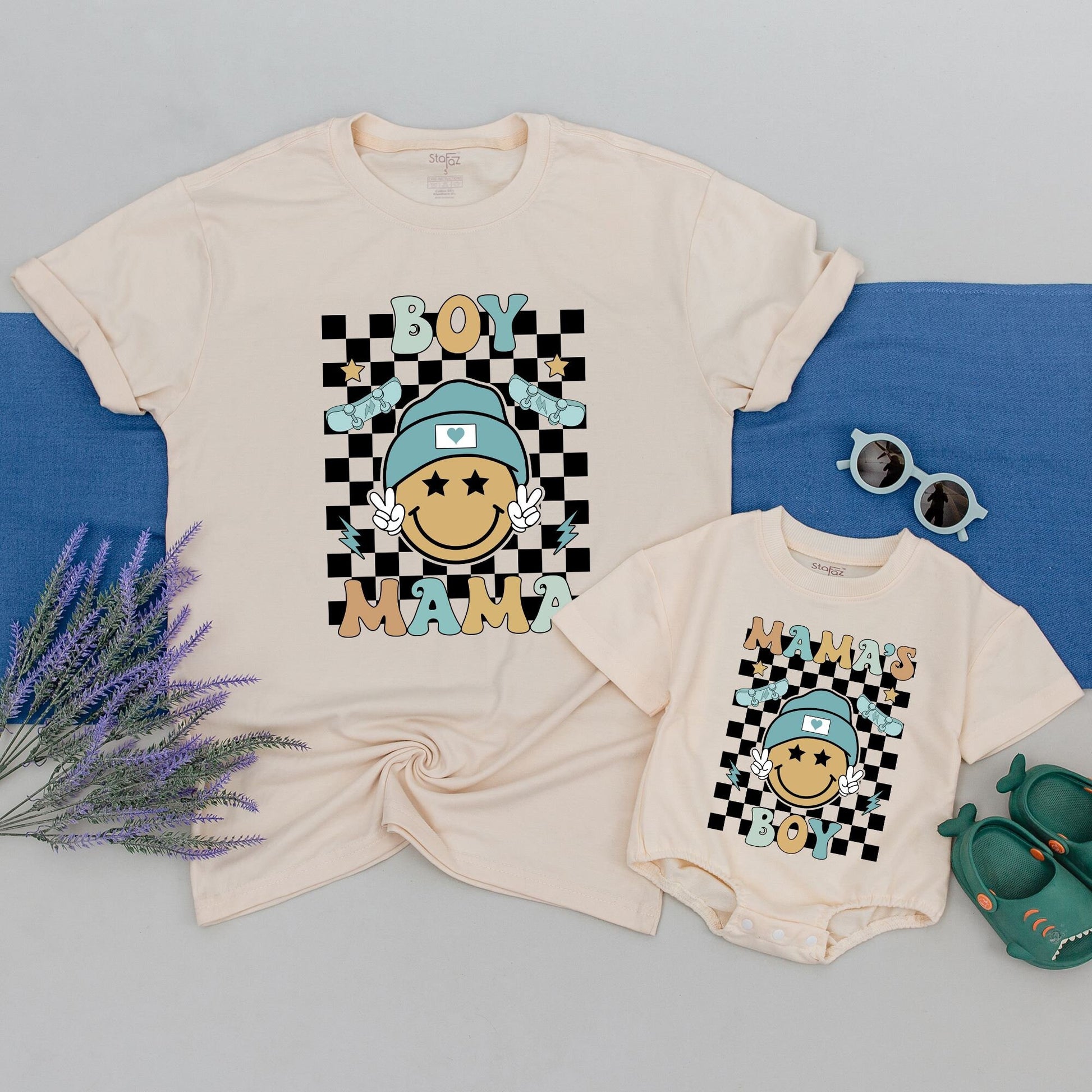 Retro Happy Face Mama and Son Matching Shirts Black White Checkered Background Teal Skateboard Accents Vintage BOY Outfit Gift