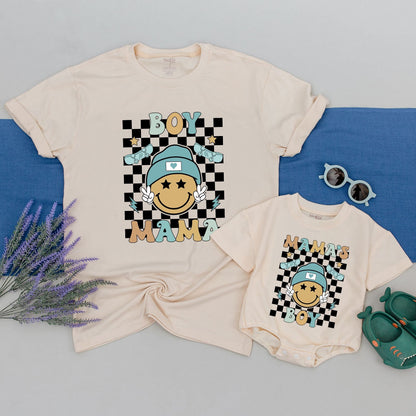 Retro Happy Face Mama and Son Matching Shirts Black White Checkered Background Teal Skateboard Accents Vintage BOY Outfit Gift