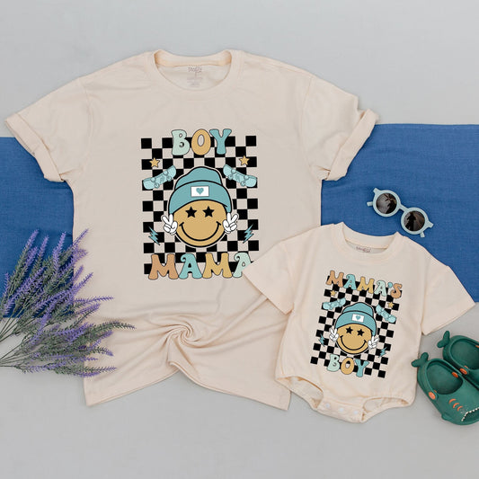 Retro Happy Face Mama and Son Matching Shirts Black White Checkered Background Teal Skateboard Accents Vintage BOY Outfit Gift