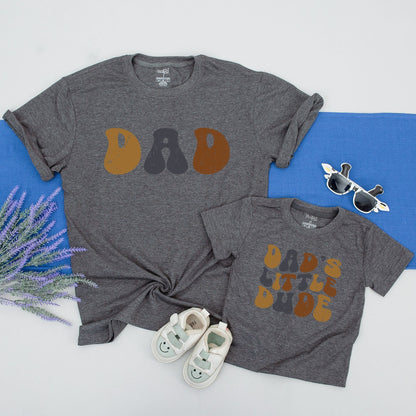 Retro Dad and Son Matching Shirts Dad's Little Dude Father's Day Gift for New Dads Vintage Tan Gray Brown Design Comfy Baby Bodysuit