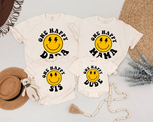 One Happy Dude Birthday Shirt Matching Family Outfits Yellow Smiley Face Lightning Eyes First Birthday Boy Dad Mama Sis Fun Retro Style