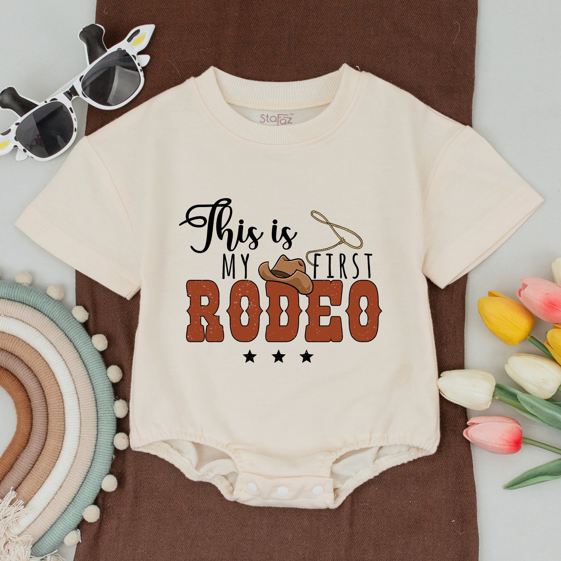 This Is My First Rodeo Toddler Shirt 1st Birthday Western Cowboy Baby Bodysuit Matching Family Outfit Vintage Retro Brown Golden