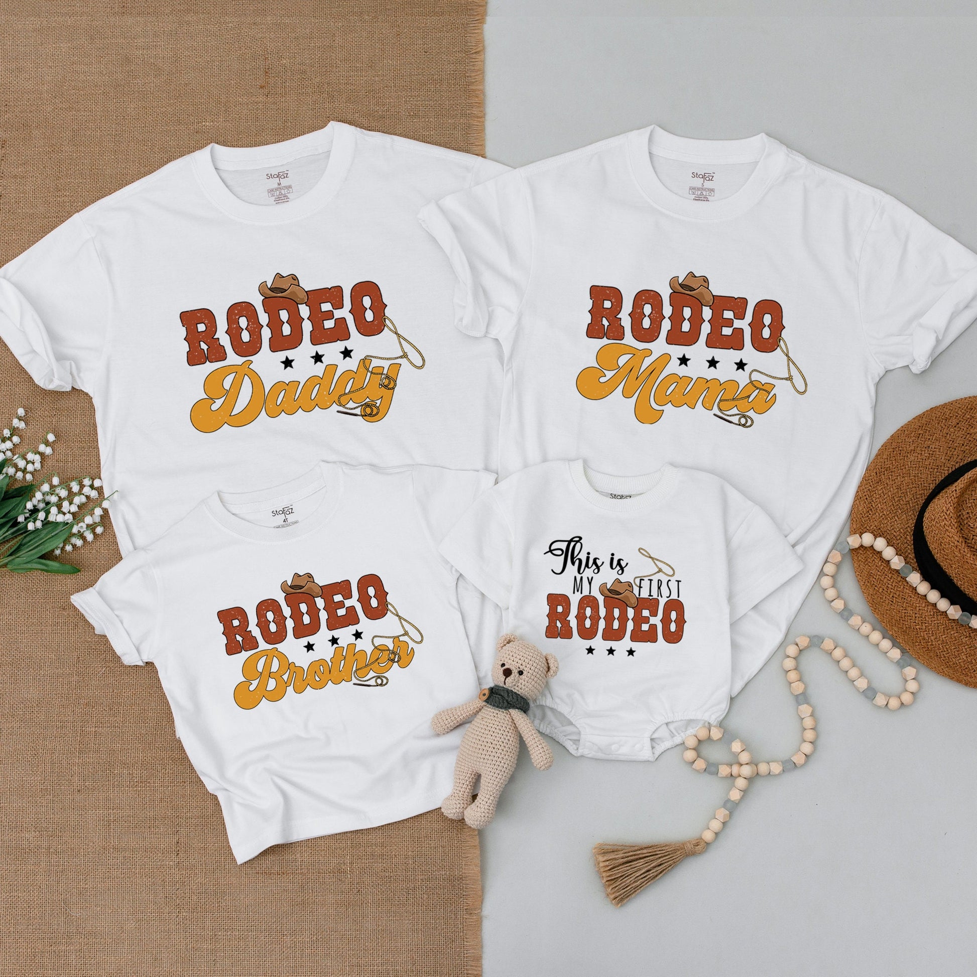 This Is My First Rodeo Toddler Shirt 1st Birthday Western Cowboy Baby Bodysuit Matching Family Outfit Vintage Retro Brown Golden