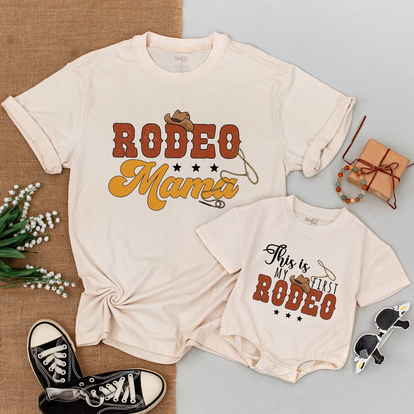 This Is My First Rodeo Toddler Shirt 1st Birthday Western Cowboy Baby Bodysuit Matching Family Outfit Vintage Retro Brown Golden