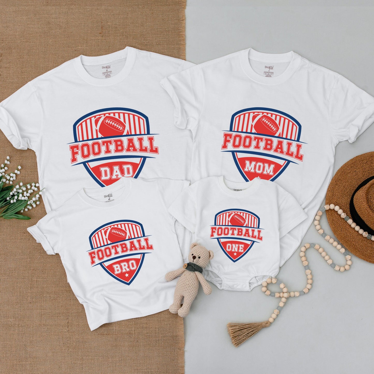 Football First Birthday Family Matching Shirts Red Blue Shield Design Baby Bodysuit Toddler T-Shirt One Year Old Boy Celebration