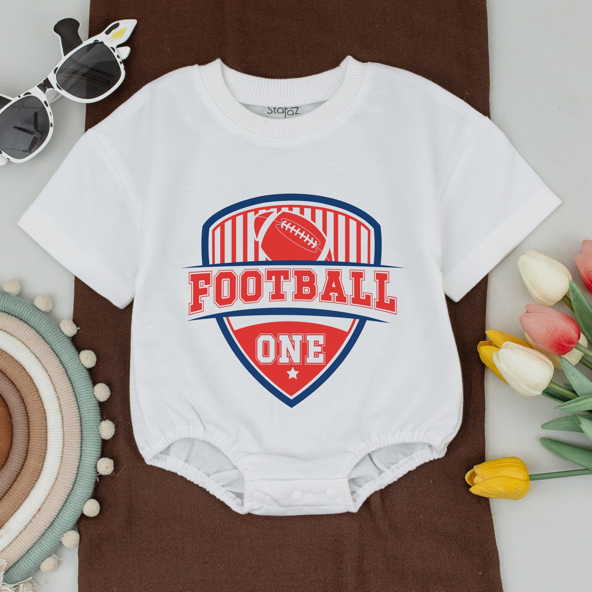 Football First Birthday Family Matching Shirts Red Blue Shield Design Baby Bodysuit Toddler T-Shirt One Year Old Boy Celebration