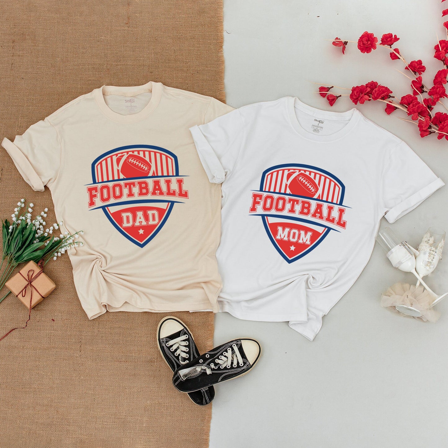 Football First Birthday Family Matching Shirts Red Blue Shield Design Baby Bodysuit Toddler T-Shirt One Year Old Boy Celebration
