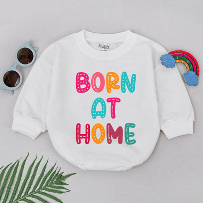 Born at Home Romper for Newborn Homebirth Water Birth Announcement Rainbow Colorful Dots Lines Fun Whimsical Natural Birth Baby Girl Boy Gift