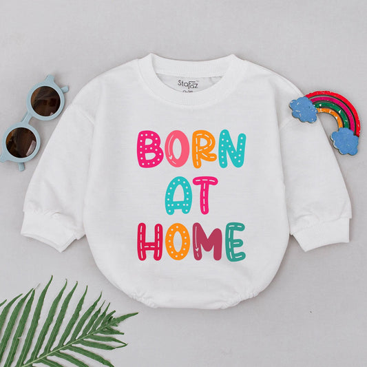 Born at Home Romper for Newborn Homebirth Water Birth Announcement Rainbow Colorful Dots Lines Fun Whimsical Natural Birth Baby Girl Boy Gift