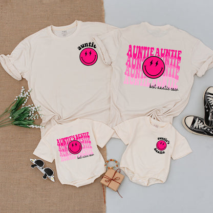 Personalized Auntie's Bestie Matching Outfit Modern Pink Smiley Face Baby Romper Cool Aunt Niece Shirt Newborn Girl Shower Gift Fun Aesthetic